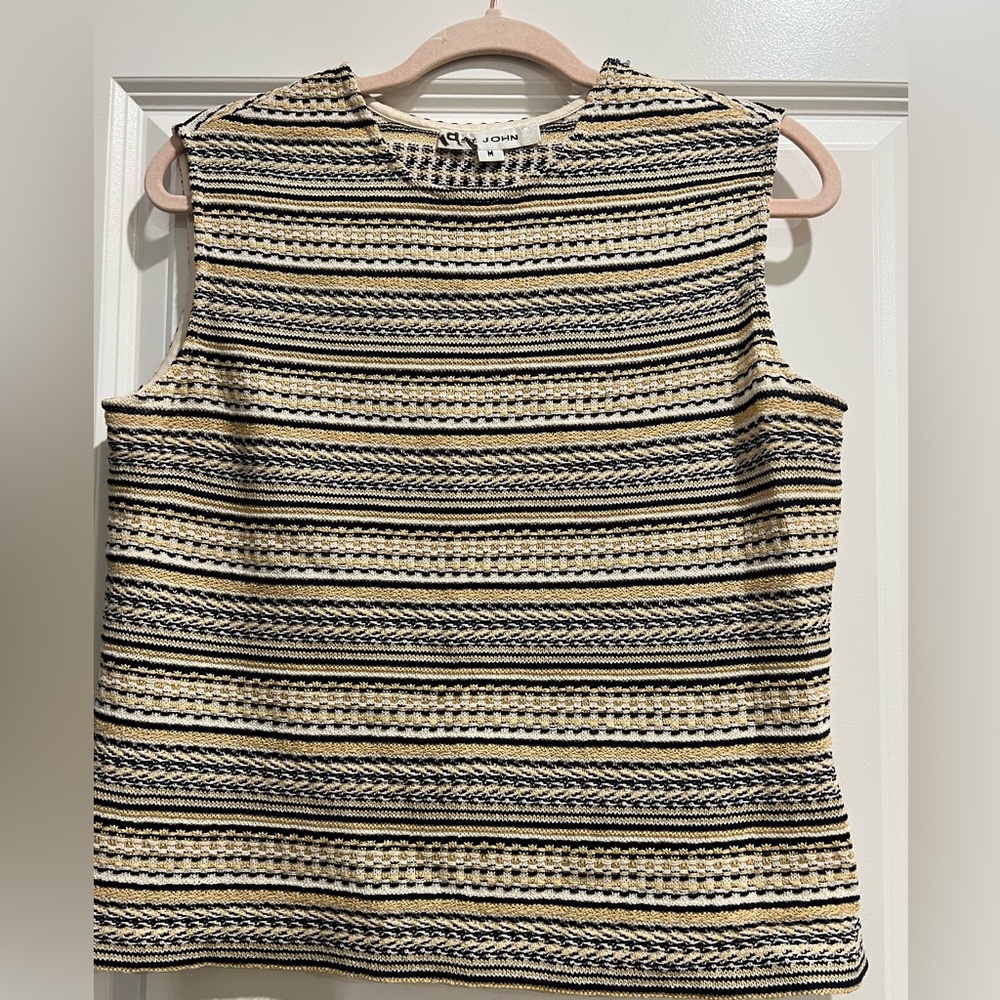 St. John Black, Gold  and Cream Textured Sleeveless Sweater